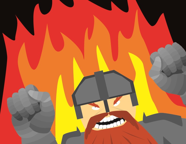 Armored dwarf illustration with flames behind him.